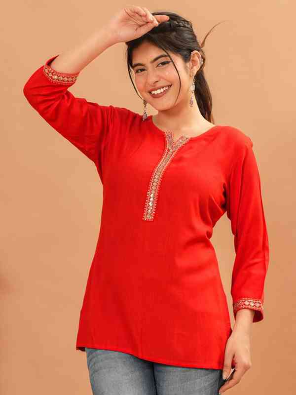 Women's Long Sleeve Lace Trim Tunic Blouse - O-Neck A-Line Top, Red, Size S