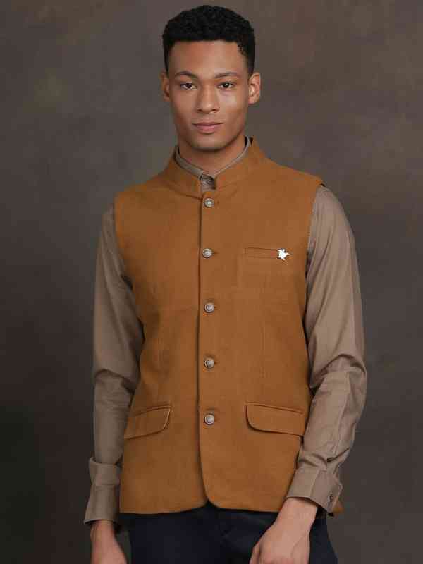 ジャケット・アウター Ethnic Embroided Design No Collar Jacket Ethnic Graphics Jackets for Men, Aztec Printed Button Down