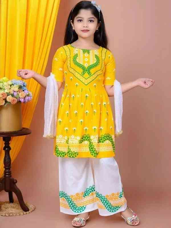 Kids Round Neck Short Sleeves Rayon Kurta Sets Flared Palazzo
