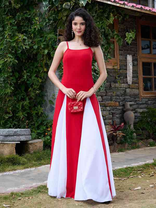 bridesmaid red and white dresses Red and White Floral Maxi Dress with Criss Cross Back main image 0