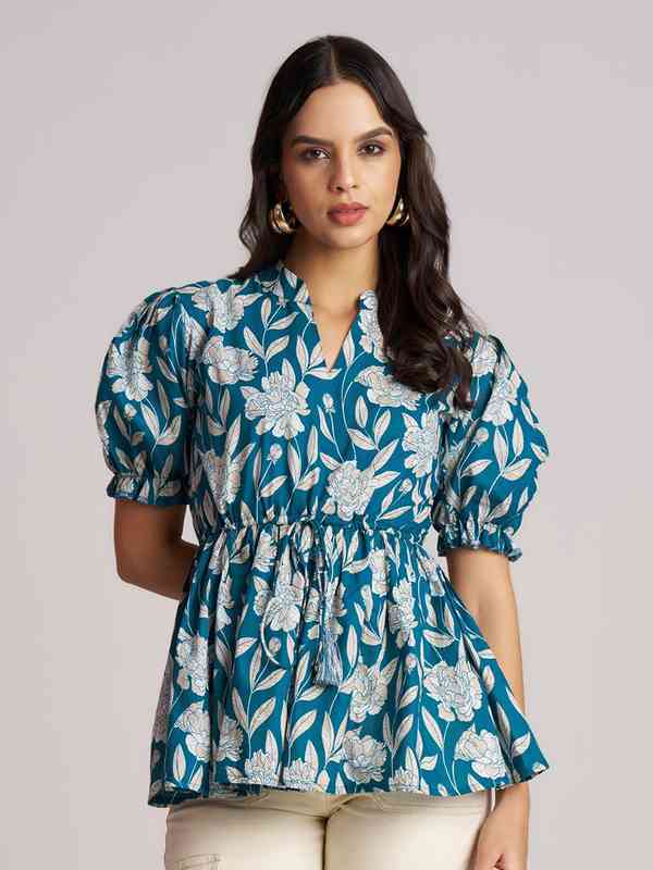 【新品】MANOF◼️DRAWSTRING SLEEVE SHORT BLOUSE SAGIBO Round Neck Dobby Cotton Lycra Stretchable Elbow Sleeve