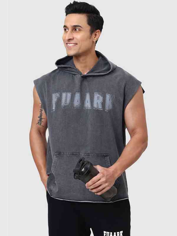 Men's Sleeveless Pullover Hoodie - Solid Cotton Blend Vest Hoodie With Pockets