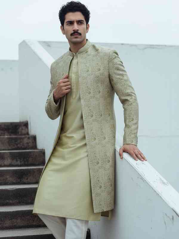 petite formal mother of the bride dresses Off White Embroidered Raw Silk Indowestern Suit For Mens – paanericlothing main image 1
