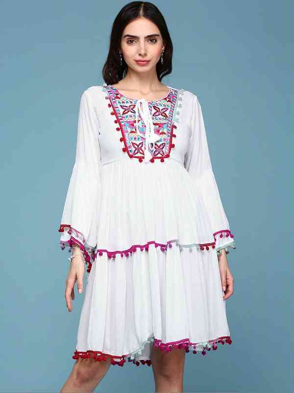 Women White Blue Flared Sleeve Embroidered Dress - Buy Women White Blue  Flared Sleeve Embroidered Dress online in India