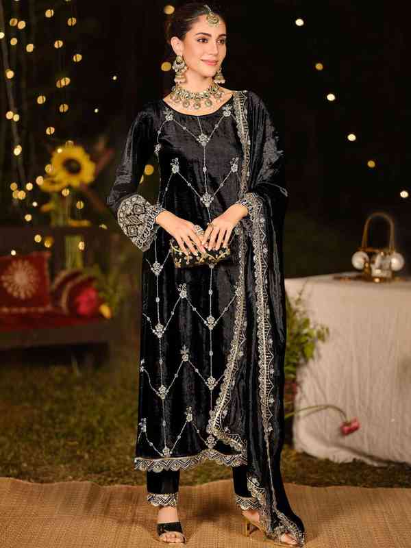 Velvet Black Embroidered Dress Material - Buy Velvet Black