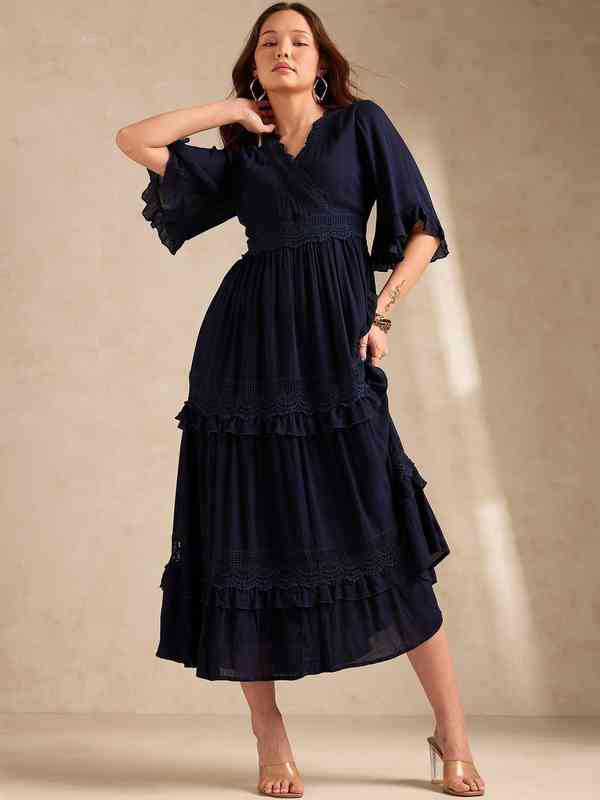 eye look for blue dress Becca Cowl Halter Satin Dress Navy main image 0