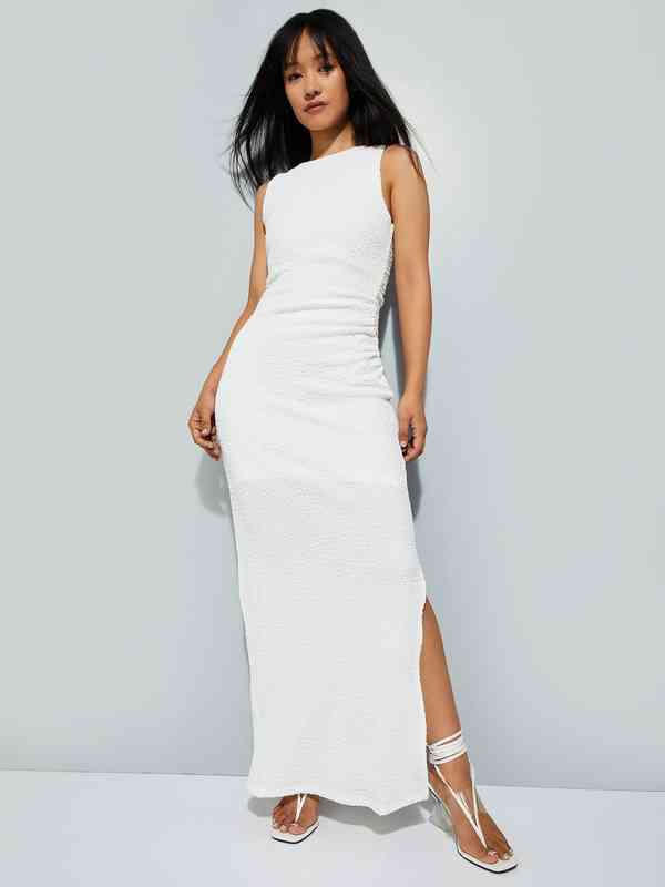 white off the shoulder maternity dress Off White Off Shoulder Waist Tie Maternity Maxi Dress main image 1
