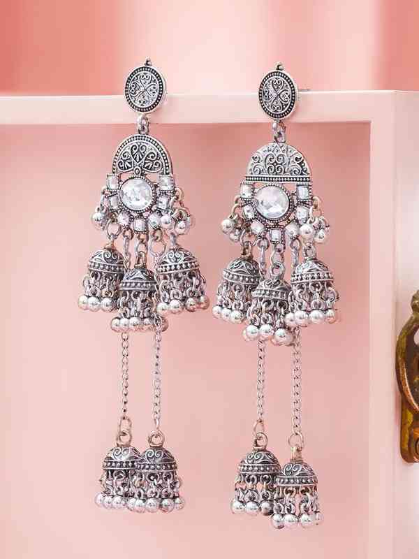 Orecchini Jhumka Argentati Ossidati – Gioiello Etnico Fashion Donna – Nuovi