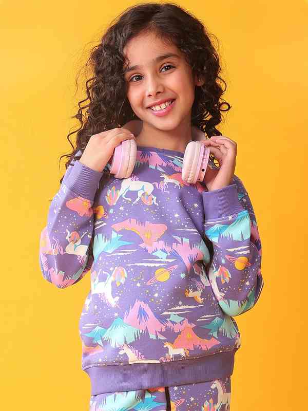MINI KLUB Kids Girls' Sweatshirt, Purple, Size 3-4 Years - Cotton/Polyester Blend, Round Neck, Full Sleeve