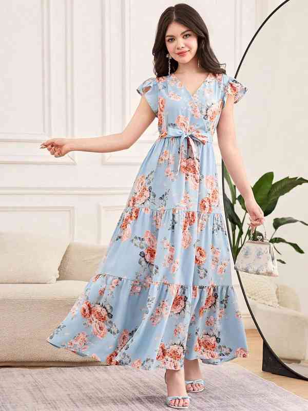 summer maxi midi dress Women's Hannah Floral Print Tiered Midi Maxi Dress In Size Large - Pink/Blue Combo