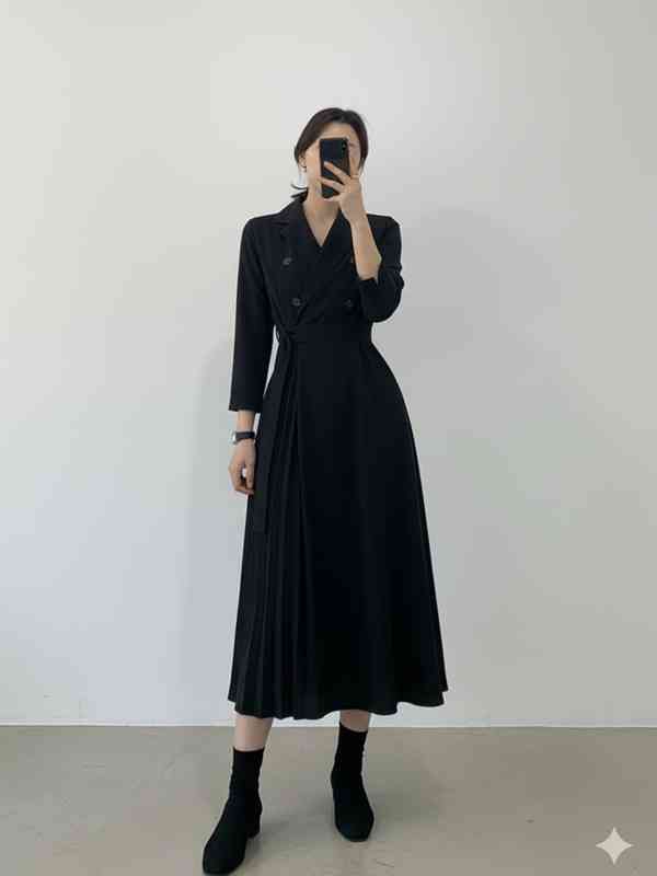 formal black floor length dress Tuxedo Mermaid Gown With Long Sleeves In Black, Black / Regular / 20 main image 0