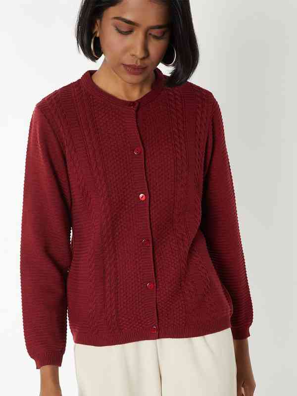 Red Self Design Cardigan - Buy Red Self Design Cardigan online in