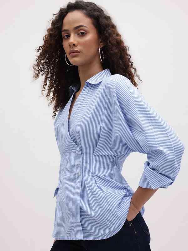 how to accessorize a royal blue dress for a wedding Everyday Ease Ruffle Button-Down Blouse | Trendy Women Tops