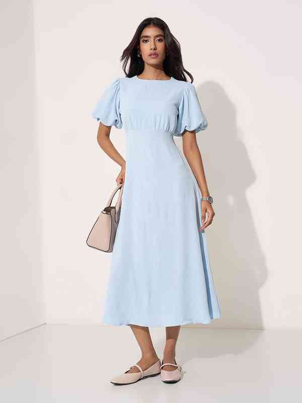 Blue With Gold Chain Midi Dress Robe De Soire Michael Kors Crepe Stretch  Ponte