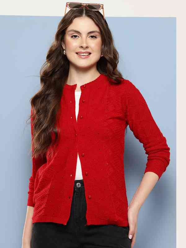 トップス Compact Logo Knit Cardigan red Red Self Design Cardigan - Buy Red Self Design Cardigan