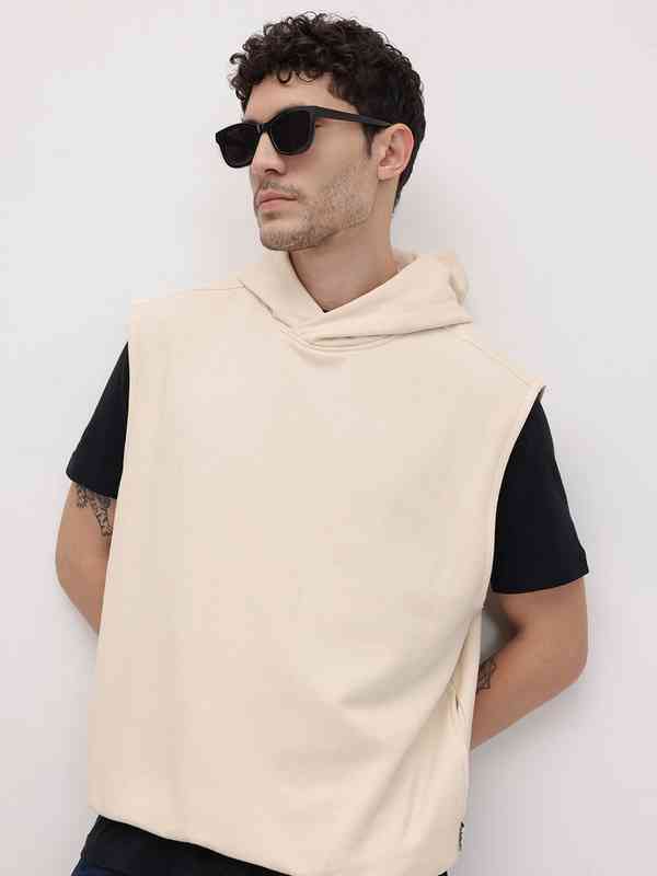 Men's Sleeveless Pullover Hoodie - Solid Cotton Blend Vest Hoodie With Pockets