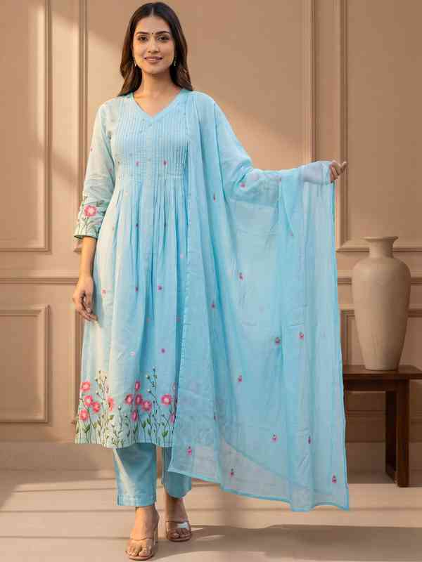 cotton embroidered salwar suit dress material Grey Floral Embroidered Pure Cotton Dress Material main image 0