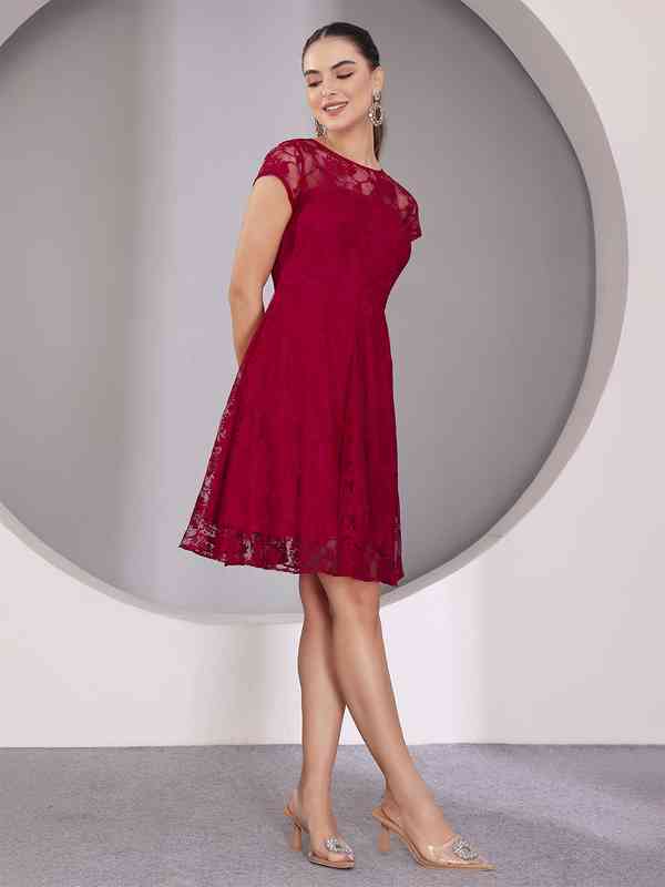 red fit and flare skater dress Wishlist Burgundy Lace Skater Dress – Size M – V-Neckline & Cap Sleeves – Fit-and-Flare Style
