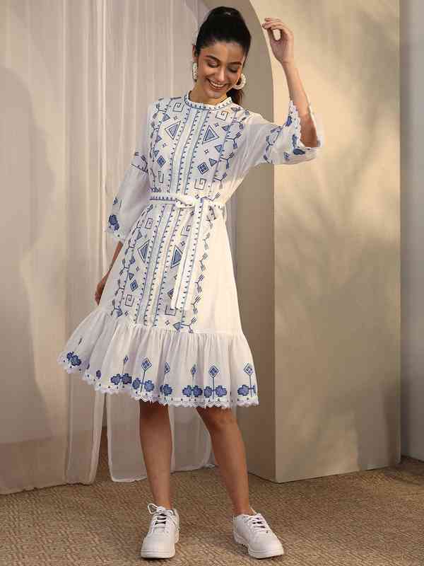 Women White Blue Flared Sleeve Embroidered Dress - Buy Women White Blue  Flared Sleeve Embroidered Dress online in India