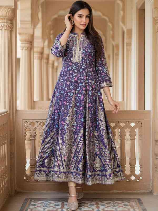 strapless open back dress Berylove Women Purple A Line Maxi Dress V Neck Long Sleeve Pleated Floral Wedding Guest Dress, Purple / XL main image 1