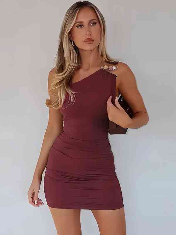 burgundy dress online Plus Size One Shoulder Draped Sequin Burgundy Prom Dress PXH2356