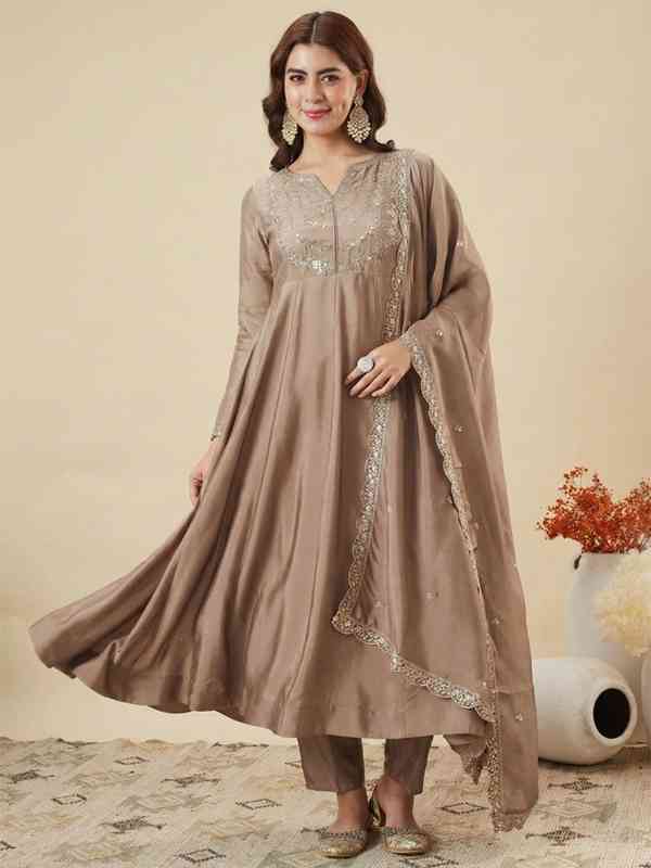 beige anarkali dress Elegant Beige Anarkali Gown with Dupatta XXL main image 1