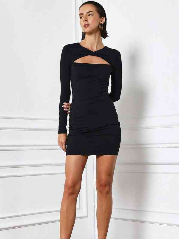 vintage black dress Black Double Ruched Long Sleeve Bodycon Dress – AX Paris main image 0
