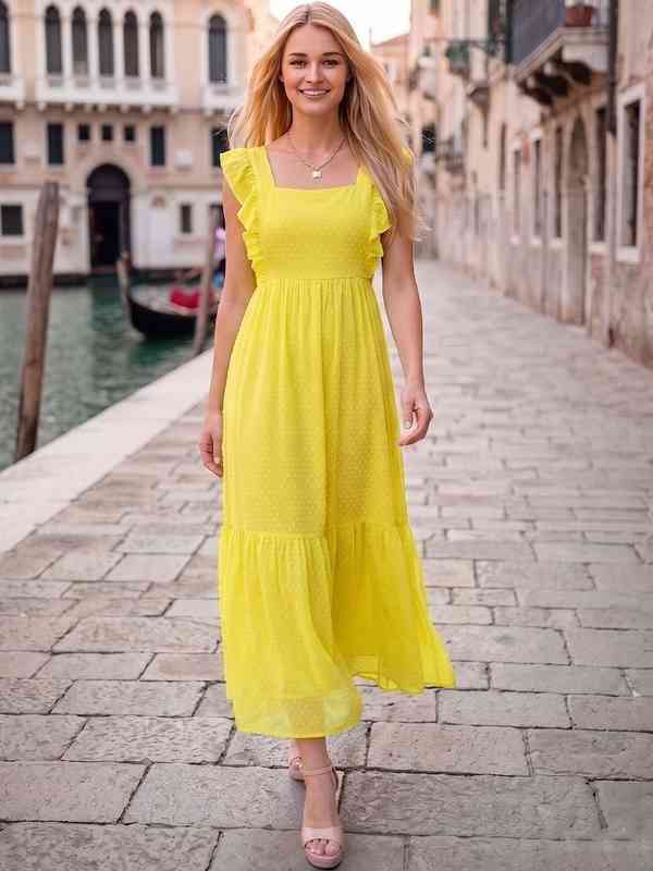 butter yellow midi dress Andie Butter Yellow Silky Midi Dress L