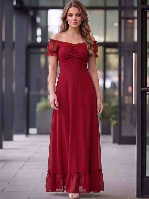 off the shoulder formal dresses Chic Burgundy Off Shoulder Floor Length Satin Lace Prom Dresses