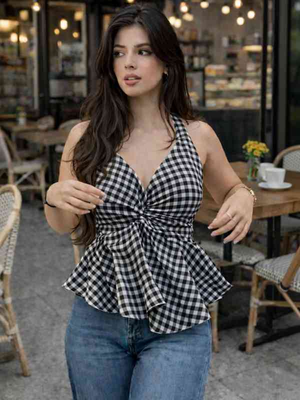 トップス Checked Flared Peplum Top Peplum Tops Women Cotton - Buy Peplum Tops Women Cotton online in