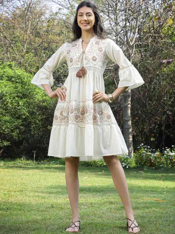 Women White Blue Flared Sleeve Embroidered Dress - Buy Women White Blue Flared  Sleeve Embroidered Dress online in India
