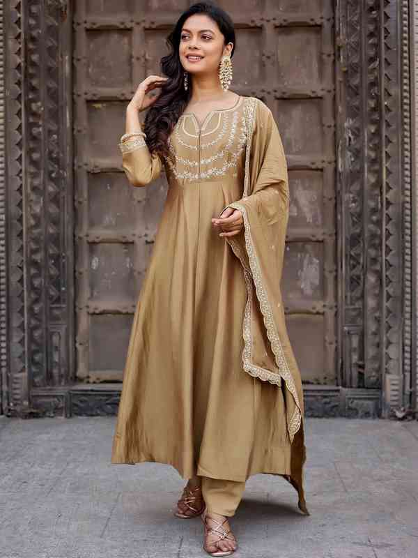 anarkali dress golden Nesavu girls golden tissue silk anarkali with puff sleeves and  bead-embellished waist belt – The Nesavu