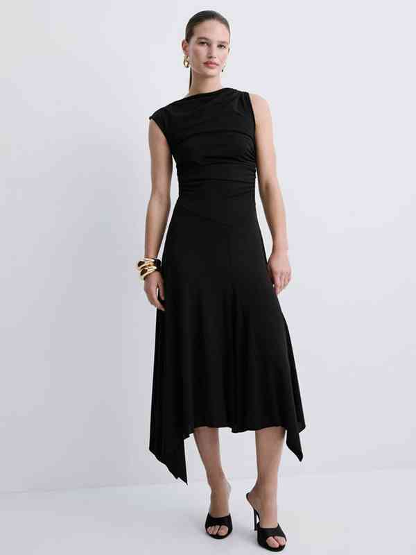 tommy hilfiger sheer-sleeve asymmetrical dress Tommy Hilfiger V-Neck Sheer Sleeve Asymmetrical Hem Dress – DGFOutlet