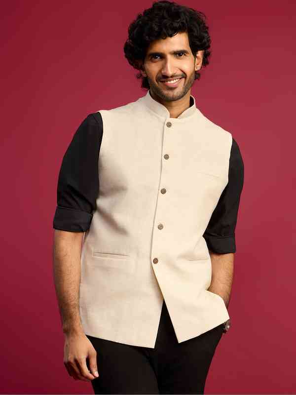 formal dress with nehru jacket Buy Black Raw Silk Nehru Jacket main image 1