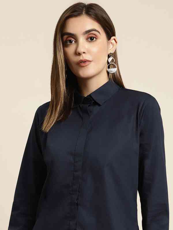 navy blue dress shirts for women Front Gathered Semi-Casual shirts-Navy Blue – Dusklane main image 0