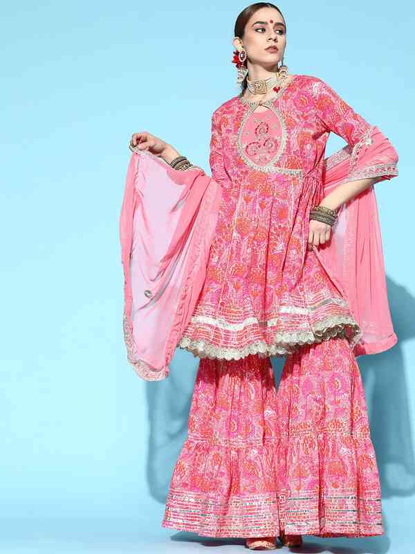 Ishin Women's Silk Kurta Sharara Dupatta Set - Pink Embellished Ethnic Outfit, Round Neck, Three-Quarter Sleeves, Size Small