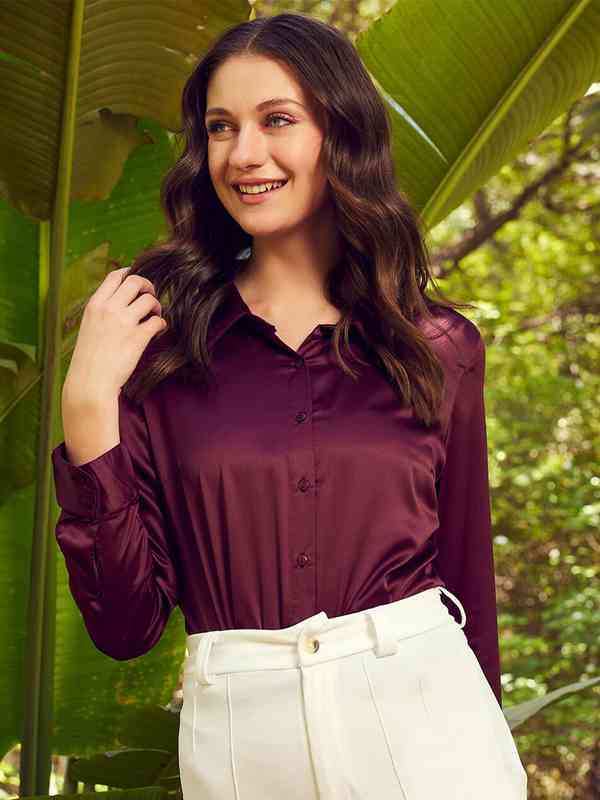 burgundy dress shirt women's Women's Long Sleeve Silhouette Twill Shirt (Burgundy) — Yazbek USA Mint main image 1