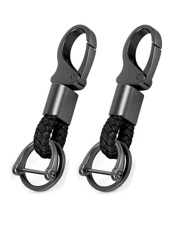Mtverver Genuine Leather Car Keychain - 360 Rotatable With Anti-Lost D-Ring, 3 Keyrings, Black, Small