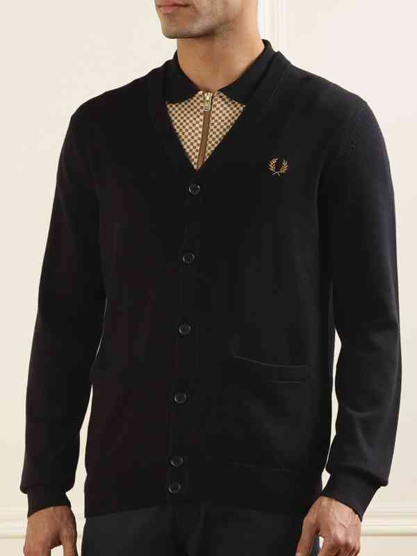 トップス Fred Perry Reissues Lambswool Cardigan Tipped Pique Texture Cardigan - Black / Shaded Stone | Men's
