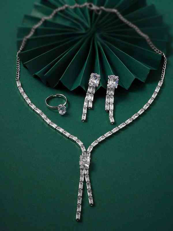 I Jewels Women's Cubic Zirconia Wedding Jewelry Set - Rhodium Plated Necklace & Earrings (Silver)