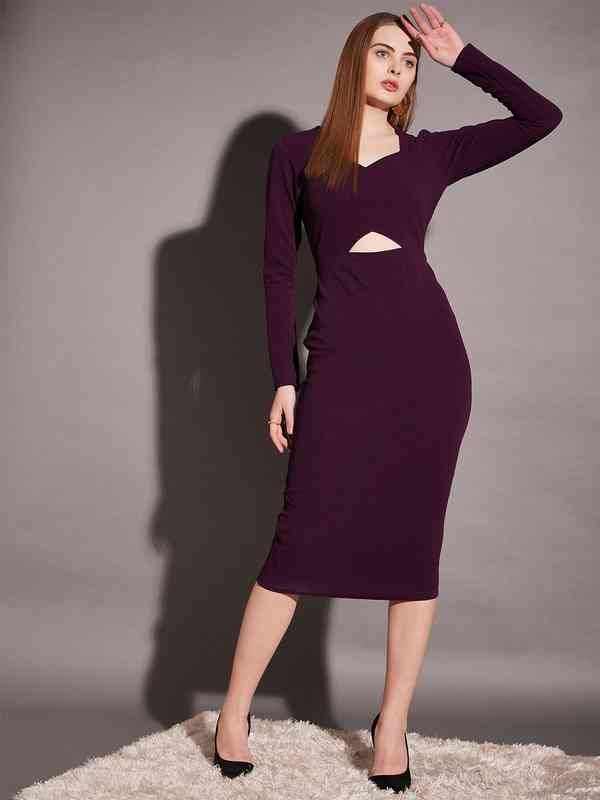 burgundy knee length bodycon dress Myntra Burgundy Long Sleeve Bodycon Dress Burgundy Solid Bodycon Dress Buy  Burgundy Solid Bodycon Dress
