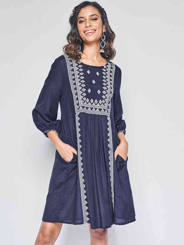 global desi blue dress Blue One Shoulder Midi Dress: Modern Bandhani Elegance