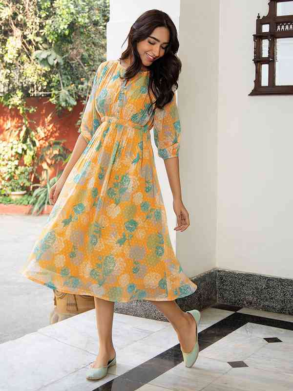 Mustard Printed Fit And Flare Dress - Buy Mustard Printed Fit And Flare  Dress online in India