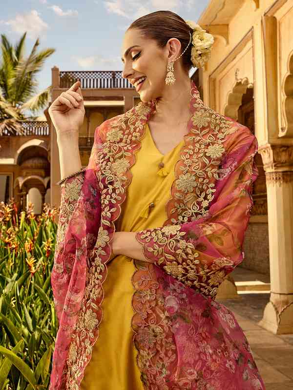 Ishin Women's Silk Blend Yellow Foil Printed Kurta Trouser Dupatta Set - A-Line Design, Size Large