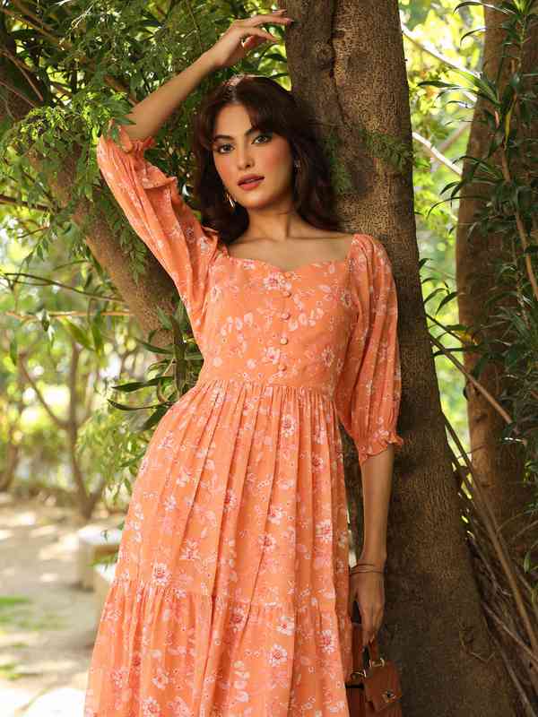 3/4 Sleeve Flared Dress Janasya Women's Orange Floral Printed Poly  Georgette Western Dress - 3/4 Sleeve, 42" Length Orange Western Style Dress  With Collar