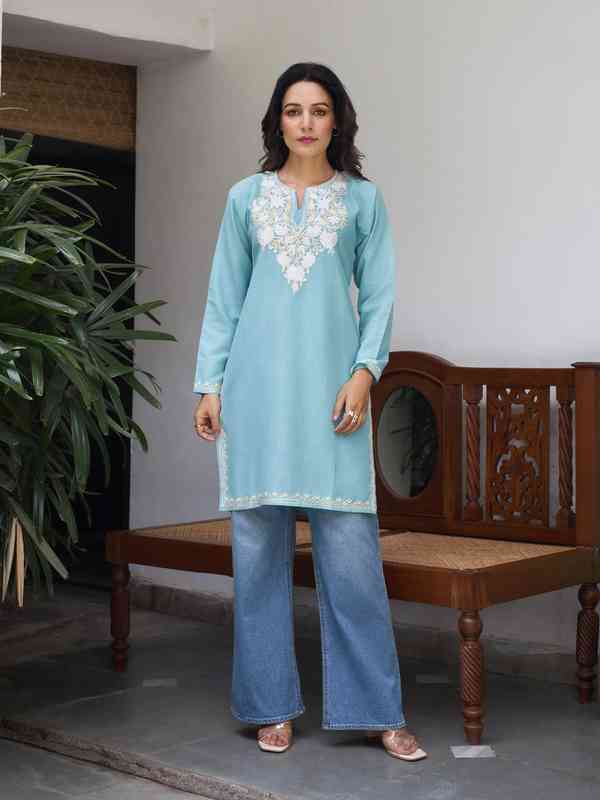 FIORRA Women's Cotton Flared Kurta - Sky Blue Floral Print Calf-Length Top With 3/4 Sleeves