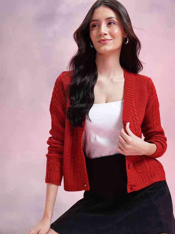 トップス Compact Logo Knit Cardigan red Red Self Design Cardigan - Buy Red Self Design Cardigan