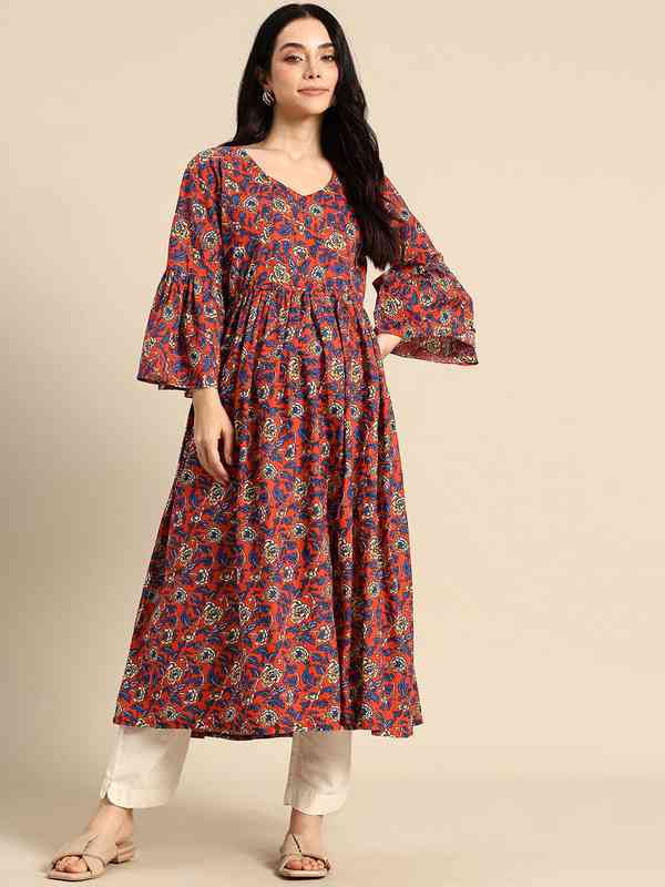 SINDOORI Women’s Cotton Blend Ruffle Neck & Bell Sleeves Kurti – Elegant Ethnic Top