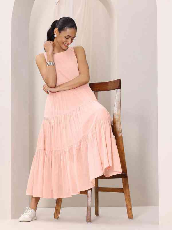 peach fit and flare dress Janasya Women's Peach Pure Cotton Paisley Printed Fit & Flare Dress –  Threadbucket Studio LLP main image 0