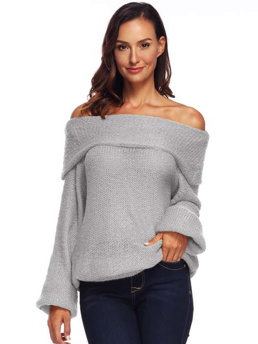 URBANIC Women Grey Solid Off Shoulder Pullover Sweater